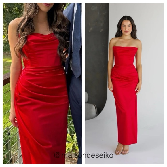 NWT House of CB Maxi Dress Red Satin Adrienne Strapless Holiday Wedding Guest S - Picture 2 of 10